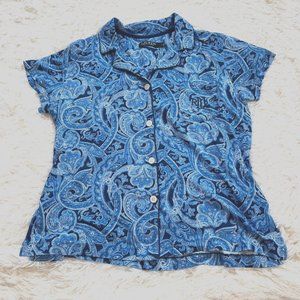 LAuren Ralph Lauren Womens Pajama Top Large Blue Paisley Embroidered Shirt 13758